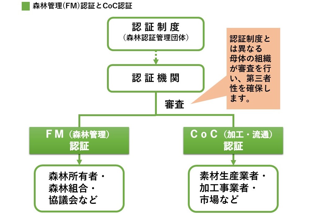 森林管理(FM)認証とCoC認証フロー図